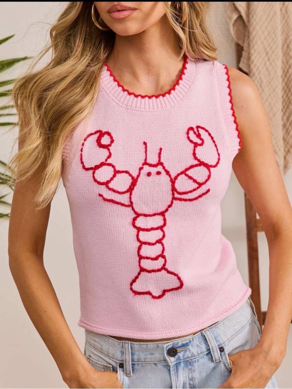 Vici Pink Knit Tank with Red Lobster Embroidery